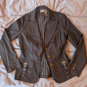 Bisou Bisou Black Cropped Blazer with Lapel Collar And Buckle Accents